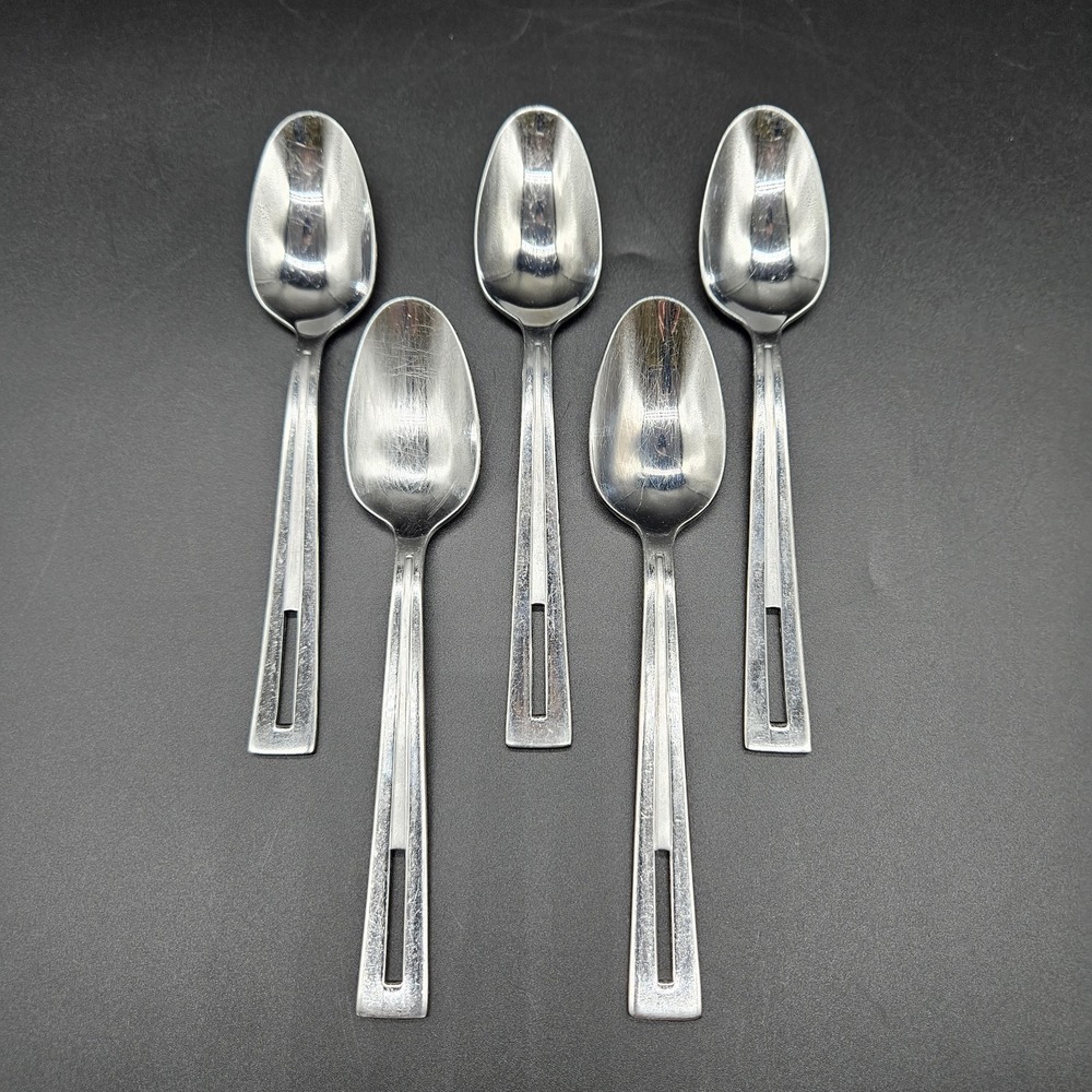 5 Oneida CIRCUIT Stainless Oval Soup Spoons Pierced Handle Flatware Gloss 7 1/8"